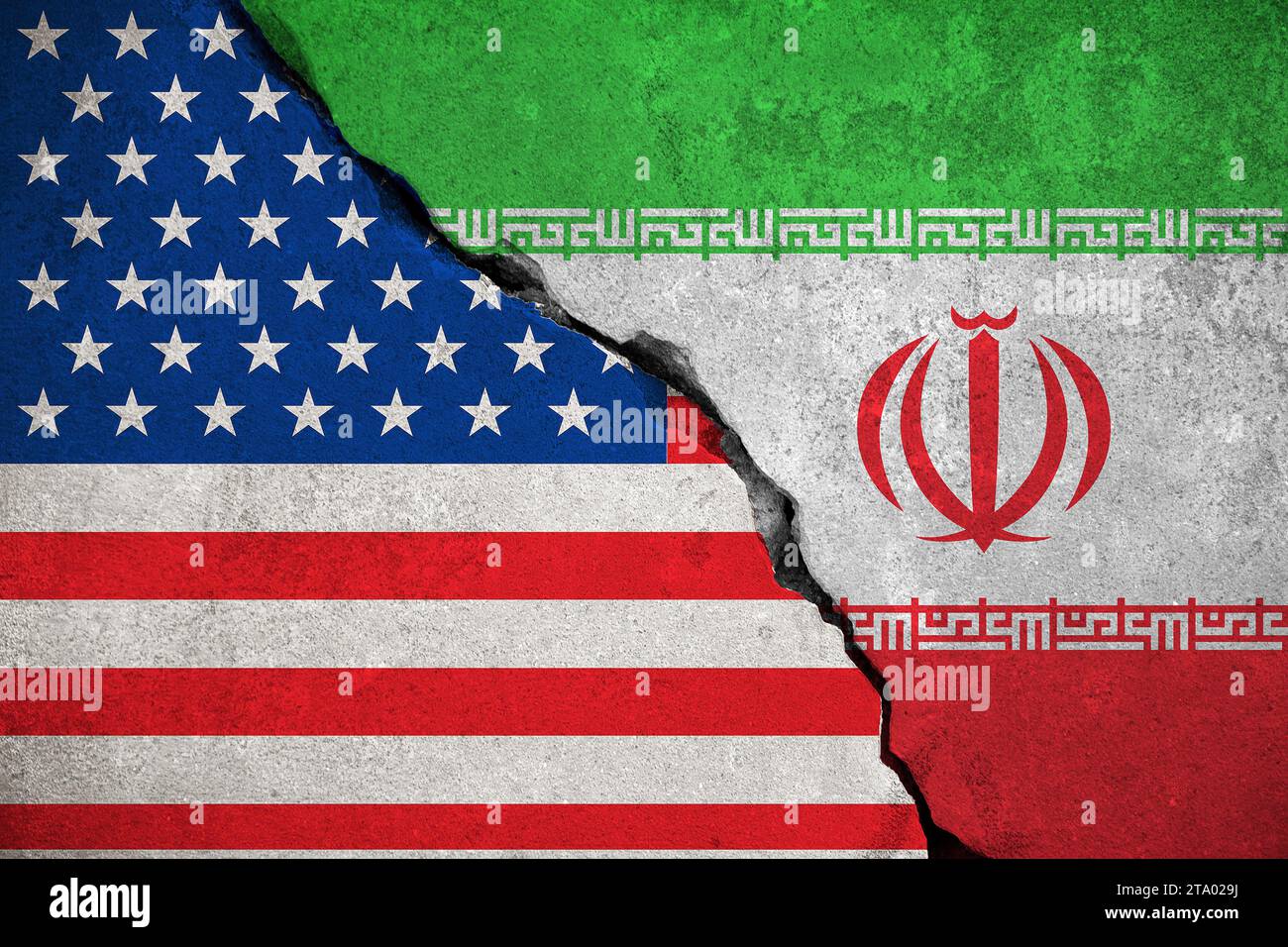 iranian flag on broken wall and half usa united states of america flag, crisis trump president and iran for nuclear atomic risk war concept Stock Photo
