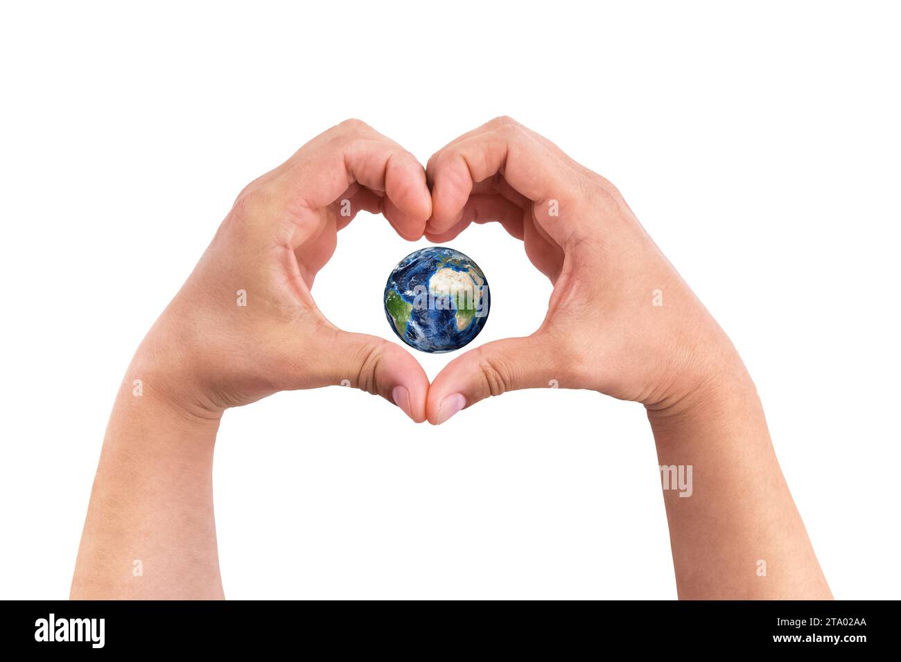 man hands in the form of heart with earth planet globe inside on the white background, hands in shape save love green ecology earth concept Stock Photo