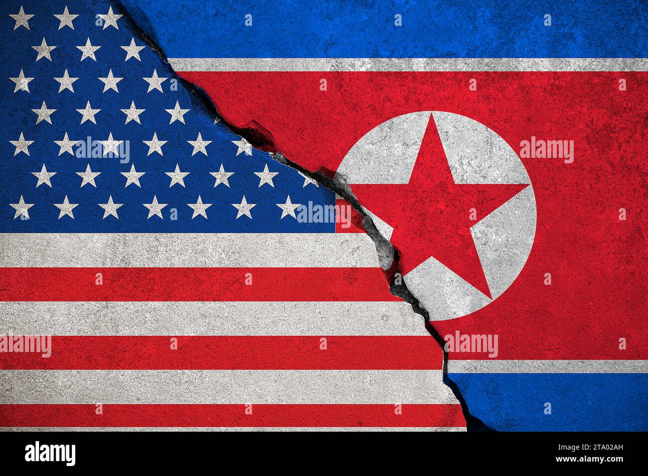 north korea flag on broken brick wall and half usa united states of america flag, crisis trump president and north korean for nuclear atomic bomb risk war concept Stock Photo