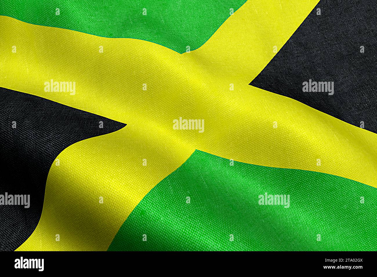 closeup of waving jamaica flag, cross stripes, national symbol of jamaican sign Stock Photo