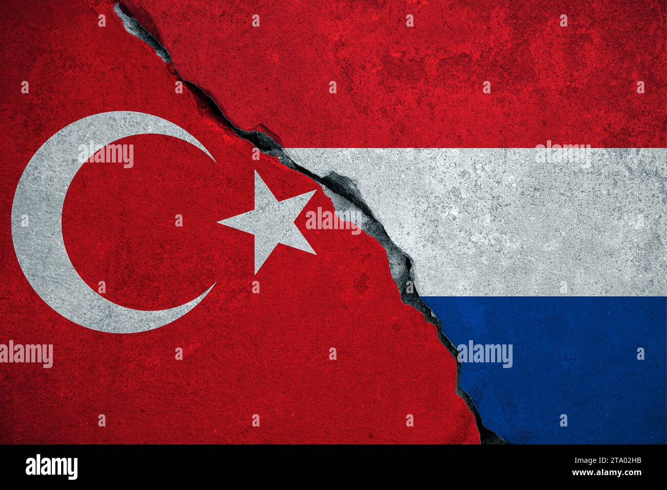 red turkey flag on broken damage brick wall and half holland white red