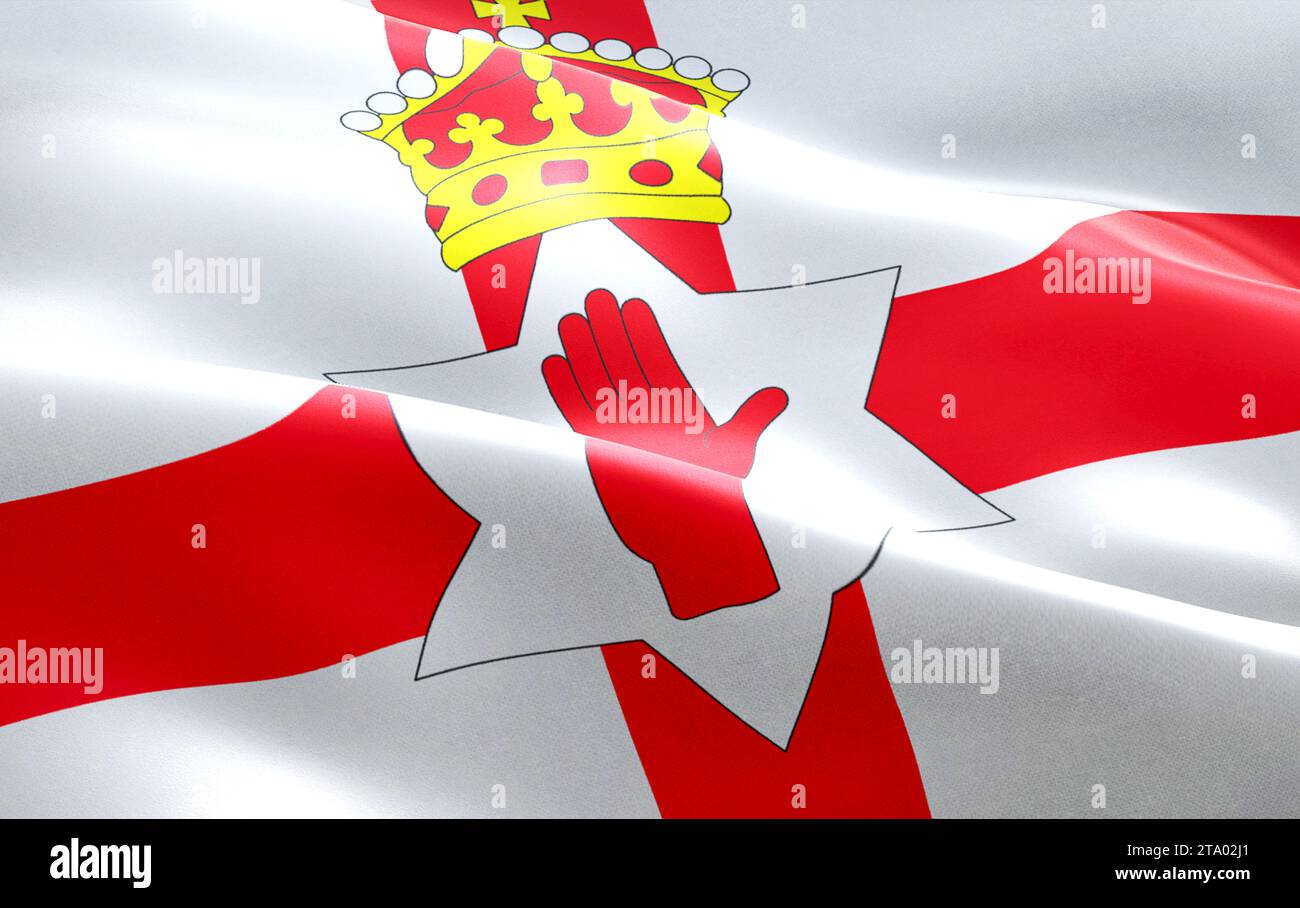 closeup of waving north ireland flag, with red cross background and gold crown, national symbol of northern irish sign Stock Photo