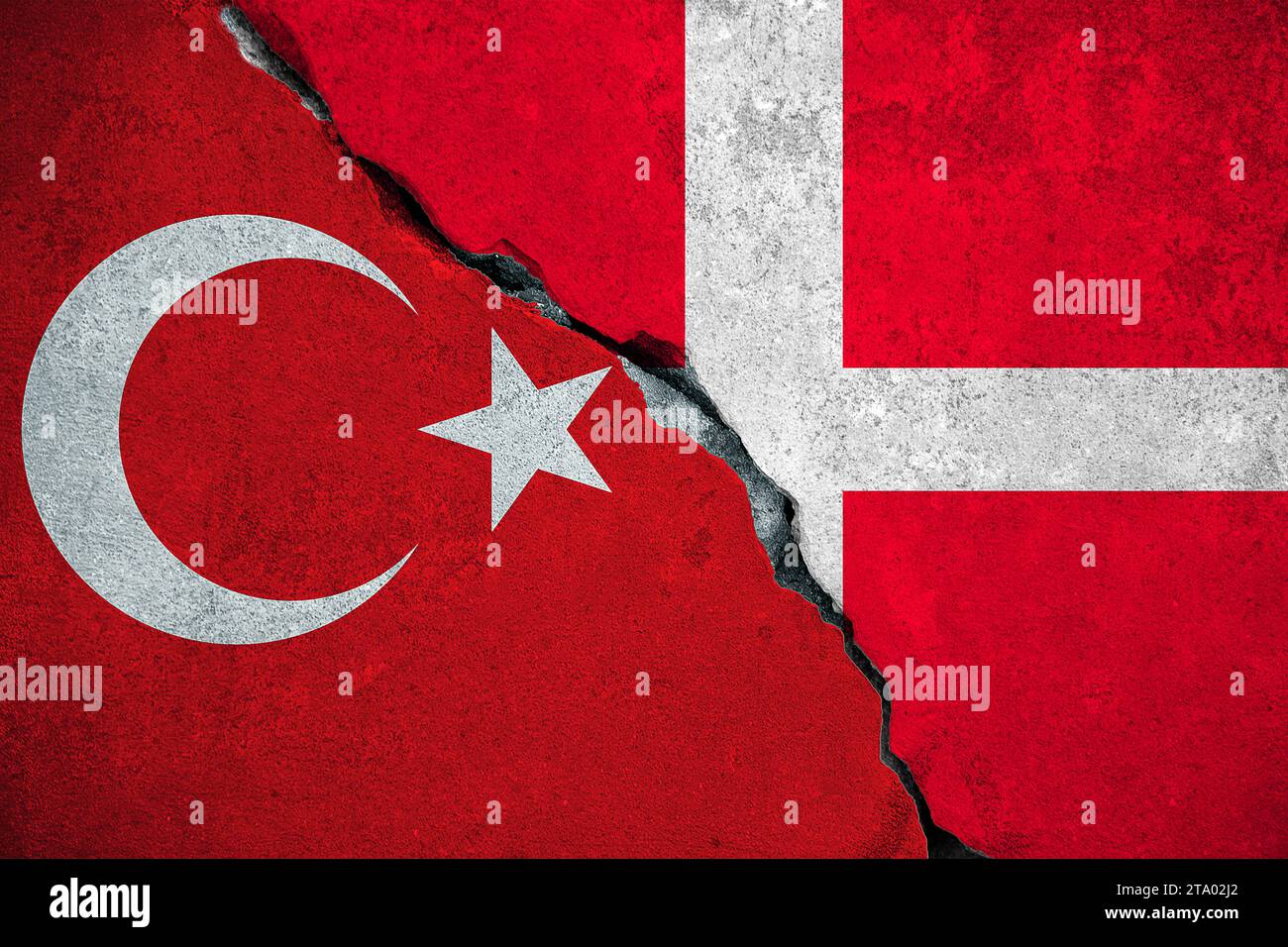 denmark vs turkey, red turkey flag on broken damage brick wall and half