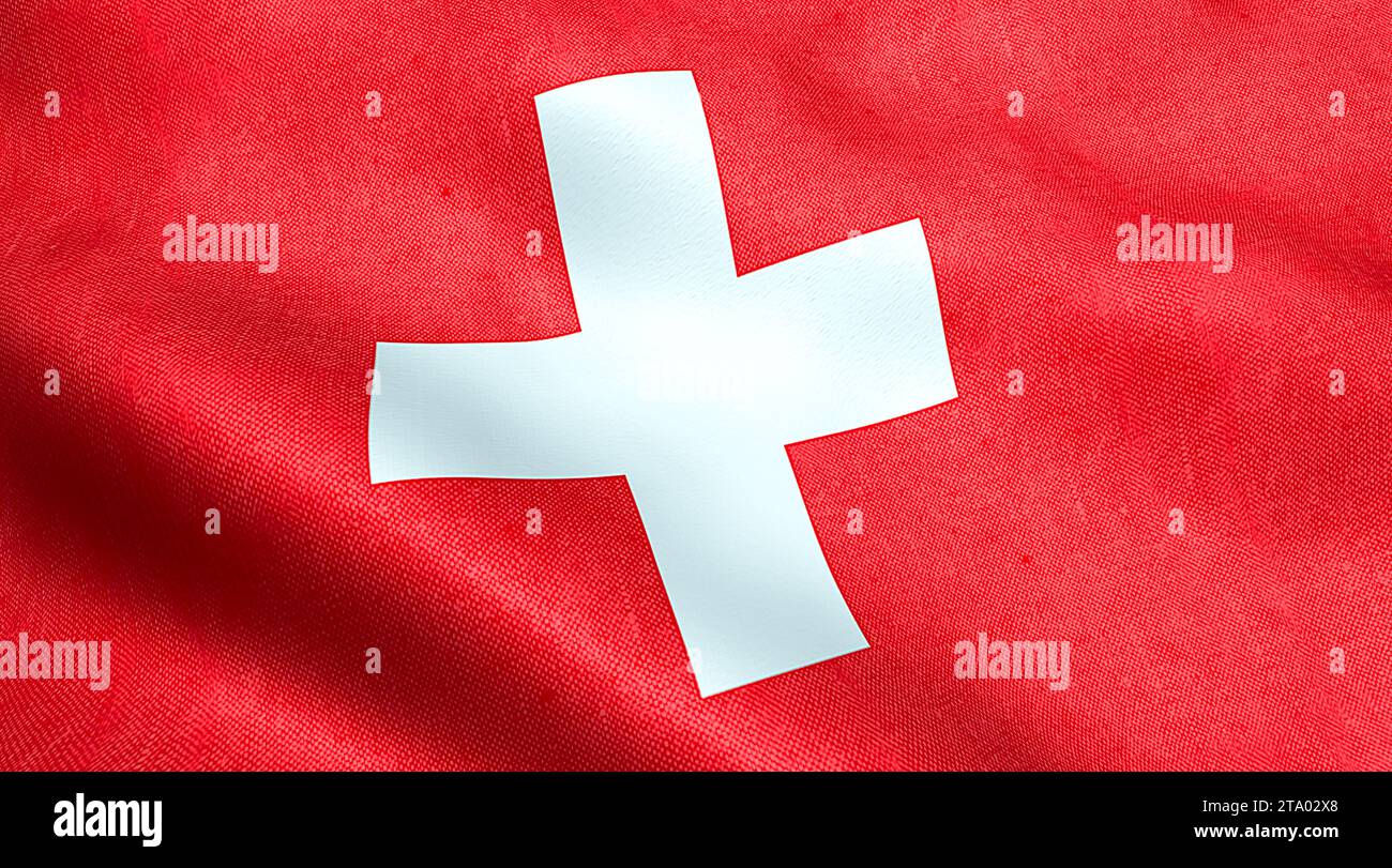 waving fabric texture of the flag of switzerland, red background and white cross, symbol of swiss Stock Photo