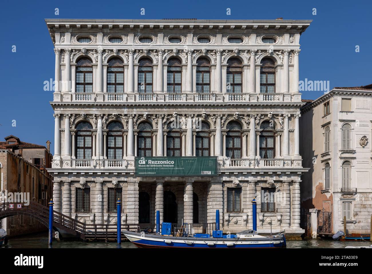 Venice, Italy - September 6, 2022: The white marble facade of Ca' Rezzonico on the Grand Canal in Venice. Italy Stock Photo