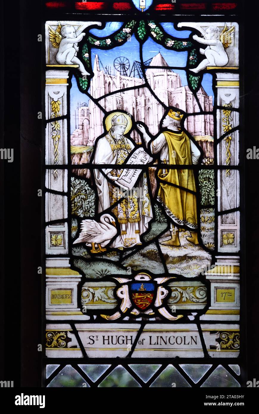 Saint Hugh of Lincoln (c1140-1200) aka Hugh of Avalon, White Swan & Lincoln Cathedral. Stained glass Window in Cloisters Chester Cathedral Stock Photo