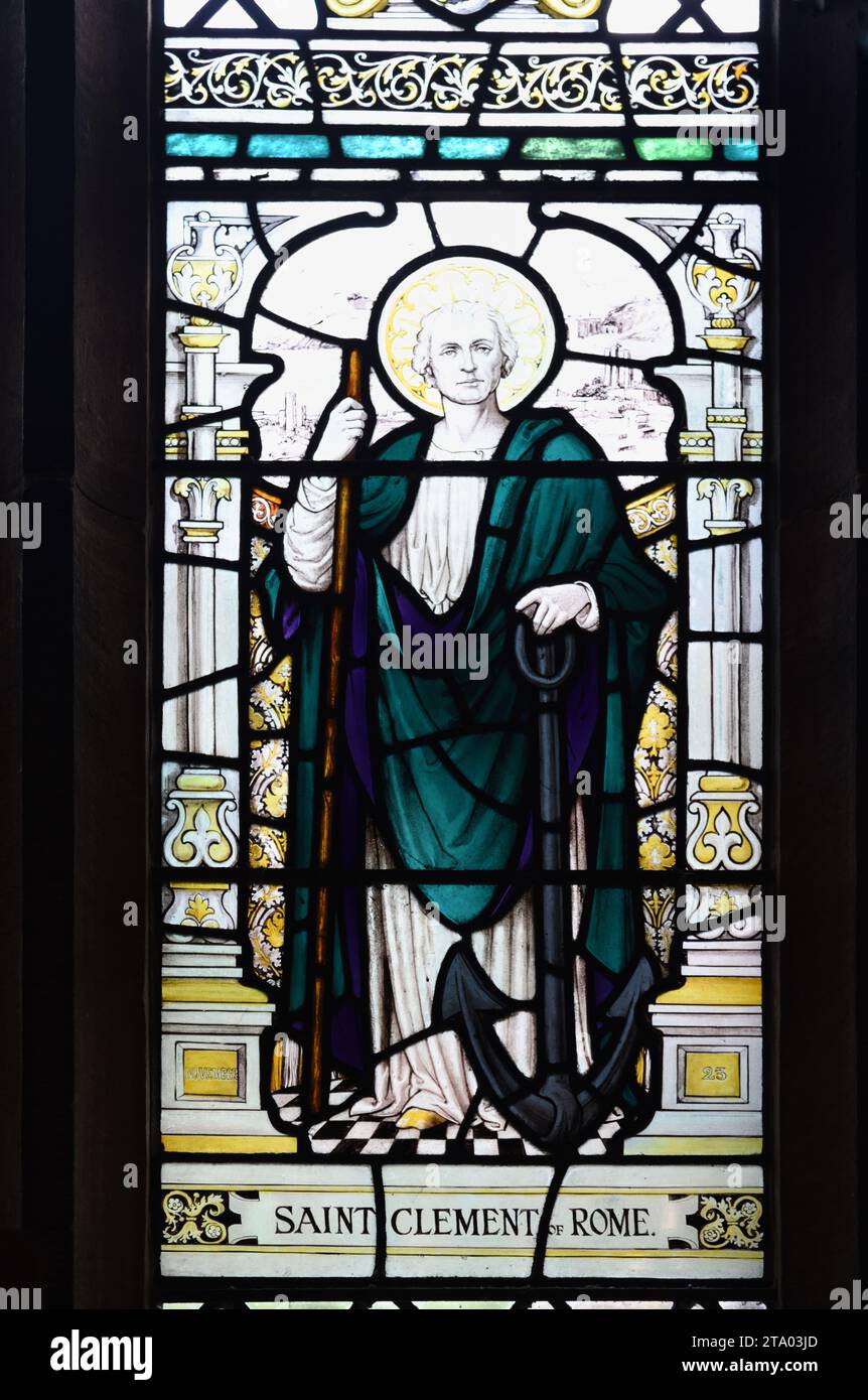 Full-length Portrait of Pope Clement 1, Saint Clement of Rome (c35BC-99AD) & Bishop of Rome. Stained glass Window in the Cloisters Chester Cathedral Stock Photo