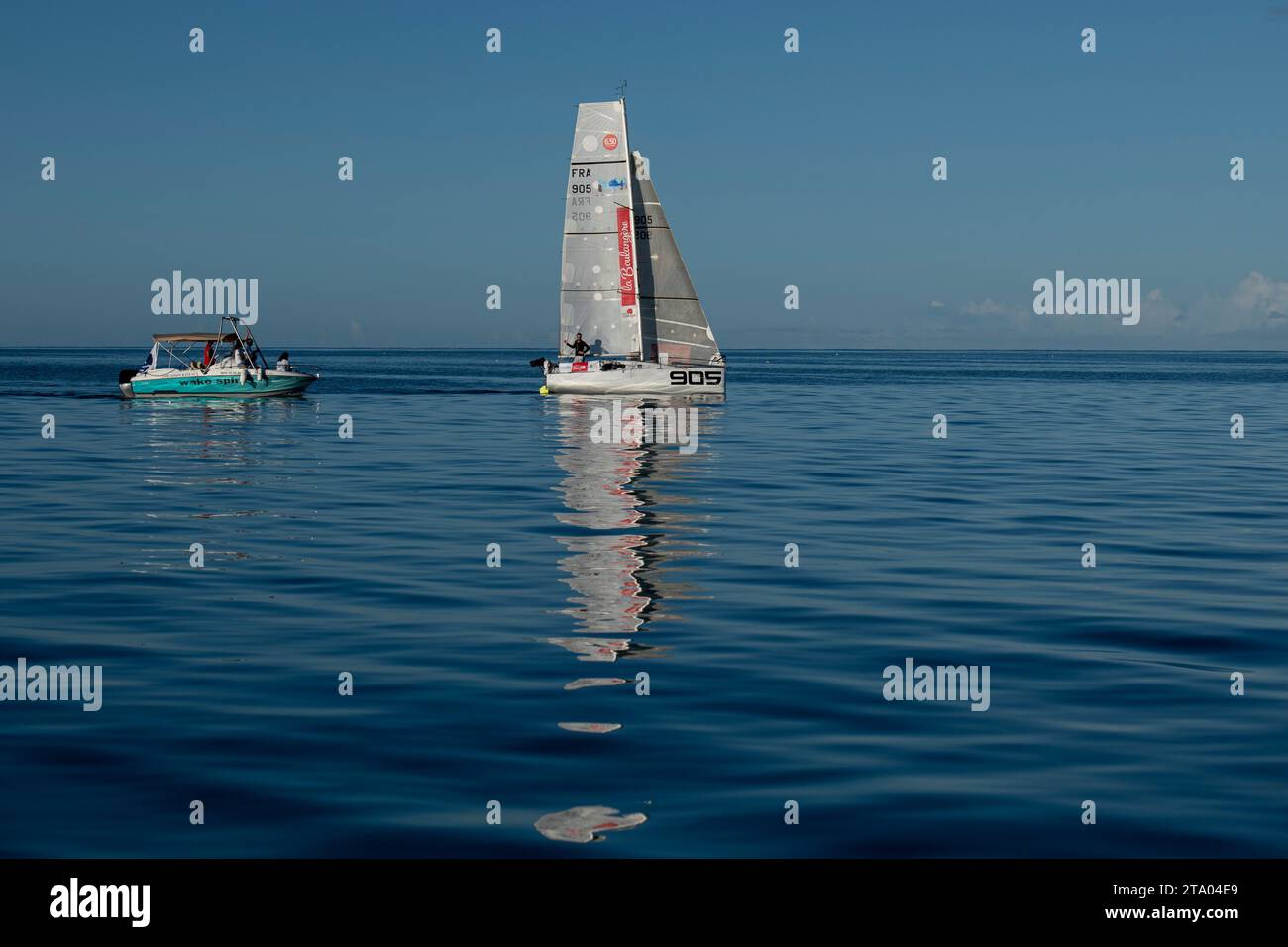 Nicolas D'ESTAIS, Cheminant Ursuit, 2nd of the production boat category of the 2 leg in 13 jours, 21 heures, 05 minutes et 44 secondes during the arrival of the Mini Transat La Boulangere 2019, Class 6,50 sailing race between La Rochelle - Las Palmas de Gran Canaria - Le Marin, from Le Marin, France on November 16, 2019 - Photo Olivier Blanchet / DPPI Stock Photo