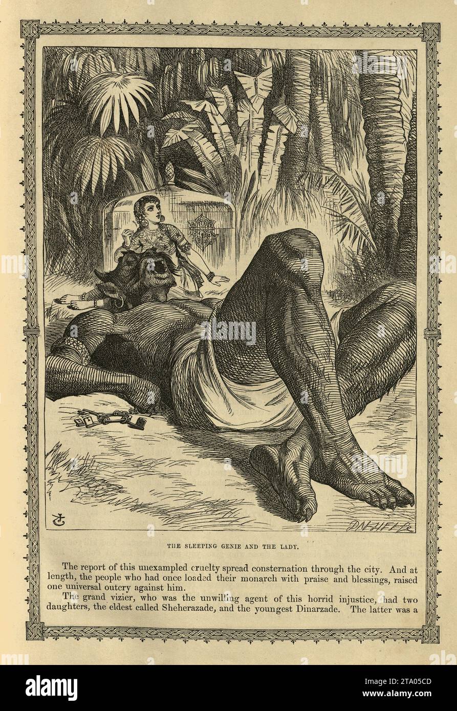 Vintage illustration One Thousand and One Nights, The sleeping genie and the lady, Middle Eastern folktales, by The Brothers Dalziel Stock Photo