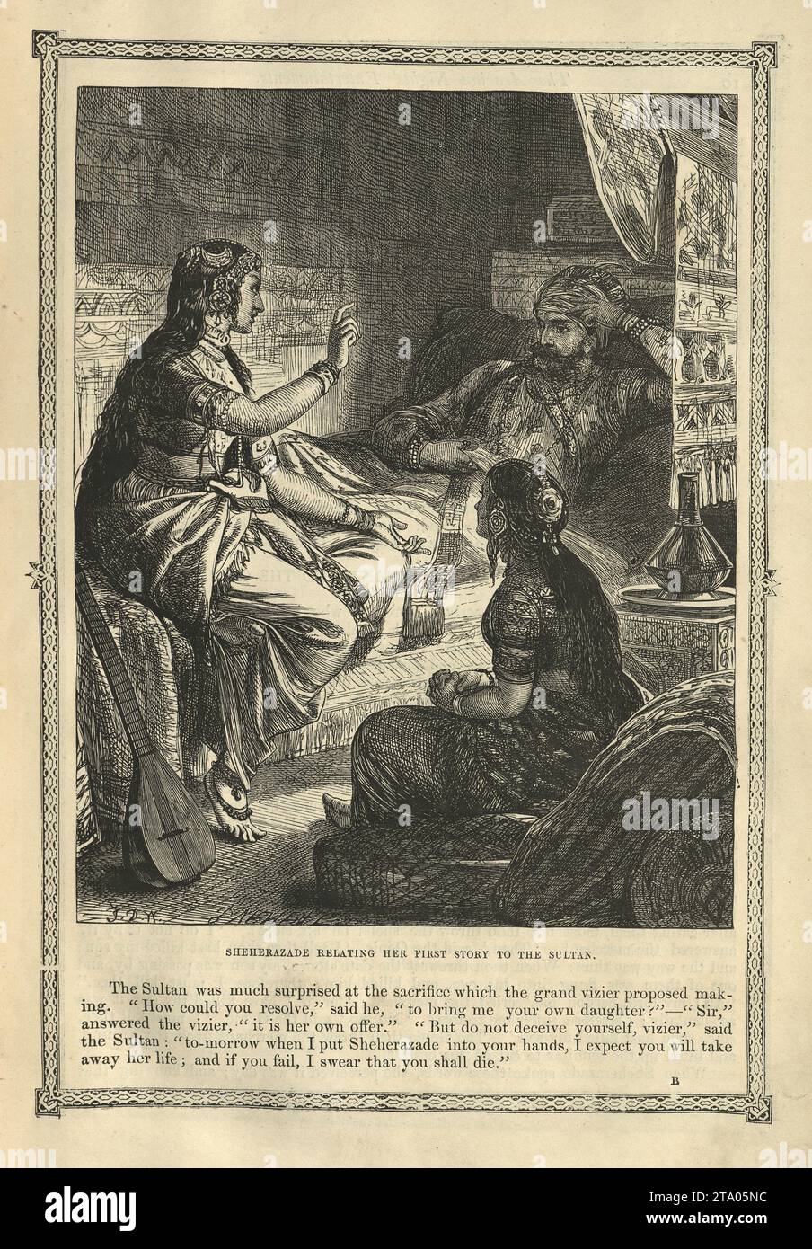 Vintage illustration One Thousand and One Nights, Scheherazade relating her first story to the Sultan, Arabian, Middle Eastern folktales, by The Brothers Dalziel Stock Photo