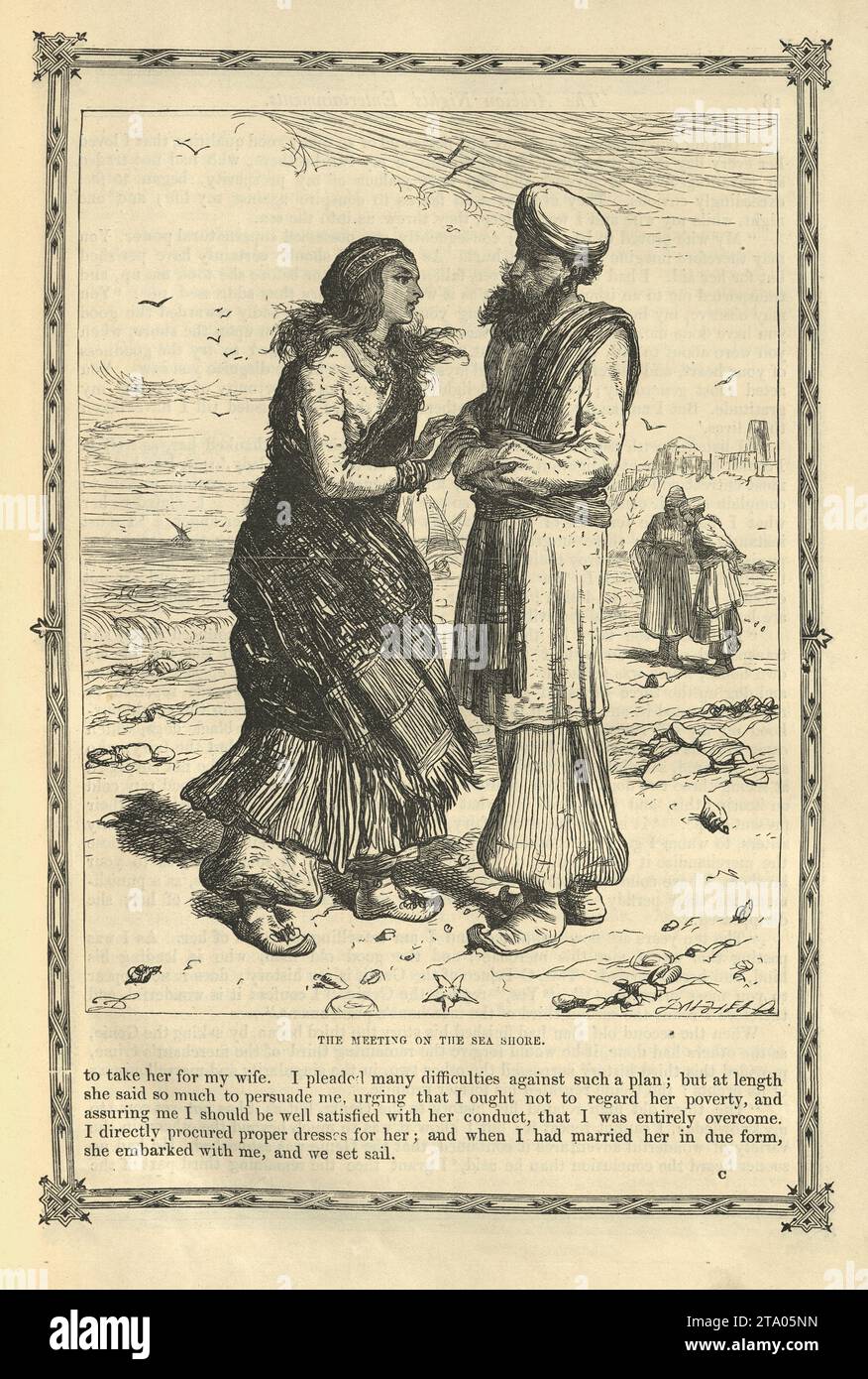 Vintage illustration One Thousand and One Nights, The meeting on the sea shore, Arabian, Middle Eastern folktales, by The Brothers Dalziel Stock Photo