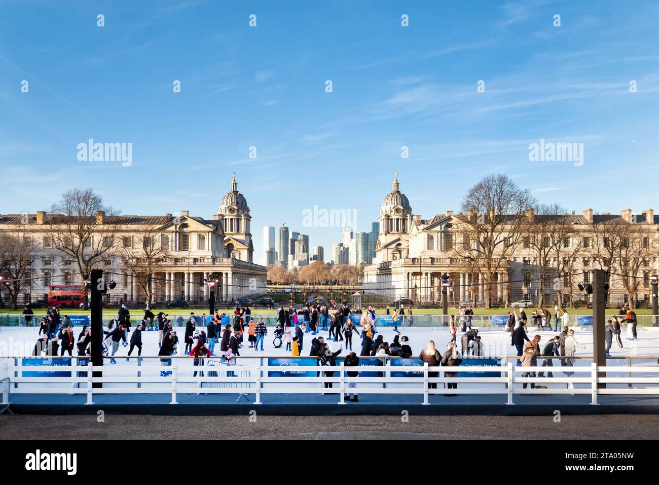 The Greenwich Ice Skating rink located in front of Queens House, London. The open air ice rink is a popular Christmas activity for everyone . Stock Photo