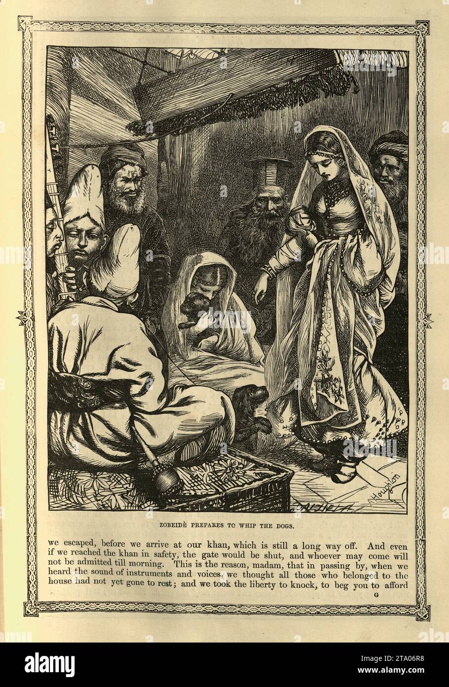 Vintage illustration One Thousand and One Nights, Zobeide preares to whip the dogs, Arabian, Middle Eastern folktales, by The Brothers Dalziel. The Story of the Three Calenders, Sons of Kings, and of Five Ladies of Bagdad Stock Photo