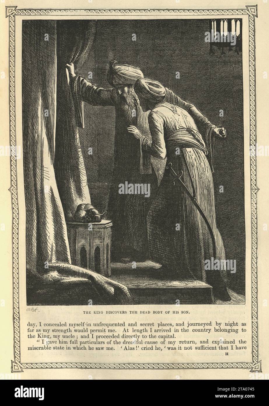 Vintage illustration One Thousand and One Nights, The King discovers the dead body of his son, Arabian, Middle Eastern folktales, by The Brothers Dalziel. The Story of the First Calender, Son of a King Stock Photo