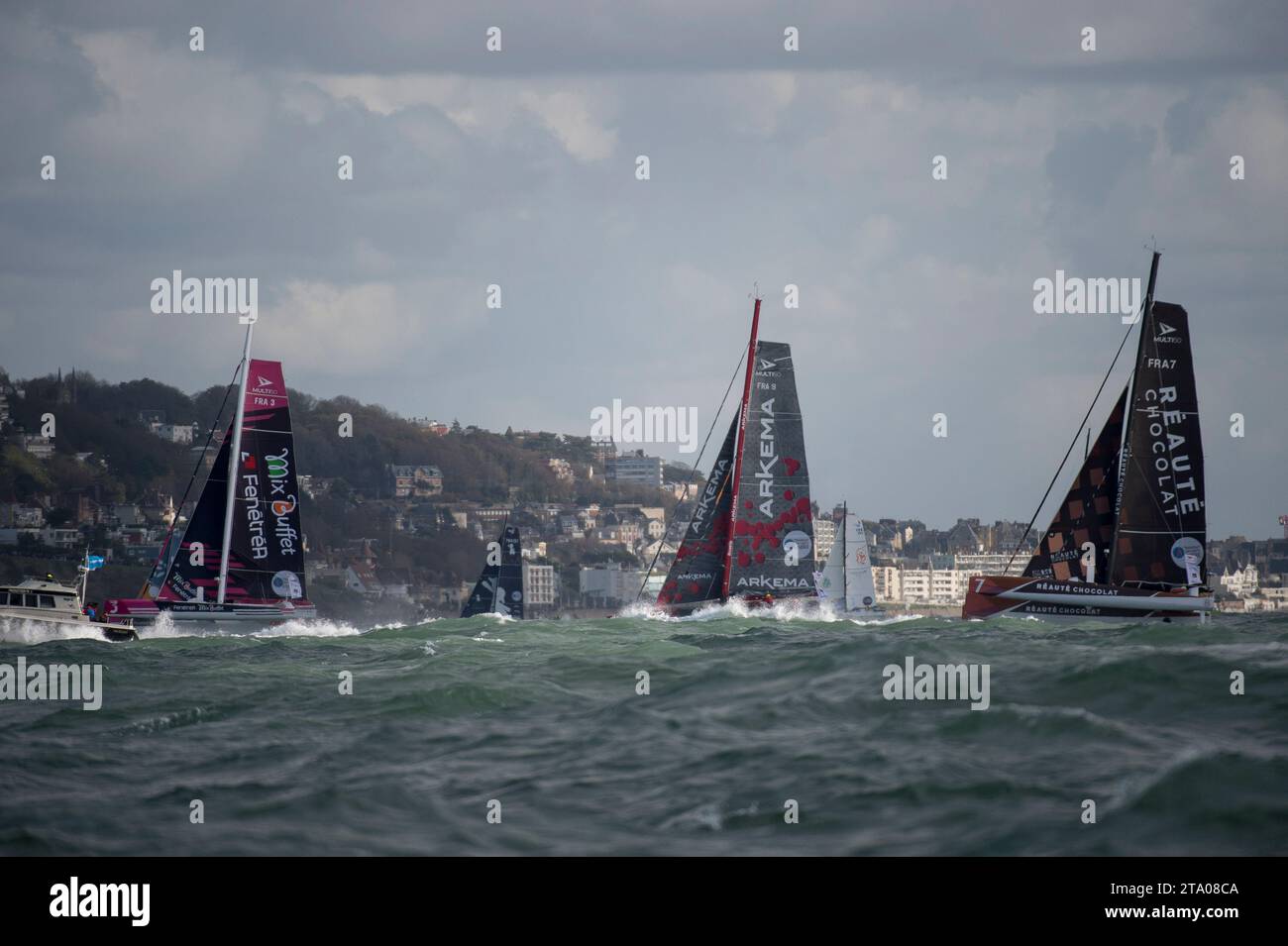 Multi50 Class with FenêtréA Mix Buffet, Erwan LE ROUX and Vincent RIOU, Arkema, Lalou ROUCAYRIOL and Alex PELLA, Réauté Chocolat, Armel TRIPON and Vincent BARNAUD during the start of the Transat Jacques Vabre sailing race on November 5, 2017 at Le Havre, France - Photo Olivier Blanchet / DPPI Stock Photo