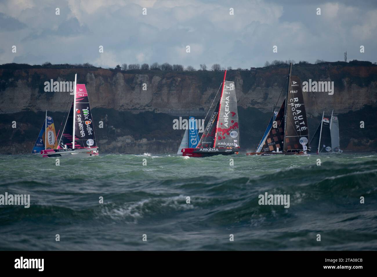 Multi50 Class with FenêtréA Mix Buffet, Erwan LE ROUX and Vincent RIOU, Arkema, Lalou ROUCAYRIOL and Alex PELLA, Réauté Chocolat, Armel TRIPON and Vincent BARNAUD during the start of the Transat Jacques Vabre sailing race on November 5, 2017 at Le Havre, France - Photo Olivier Blanchet / DPPI Stock Photo