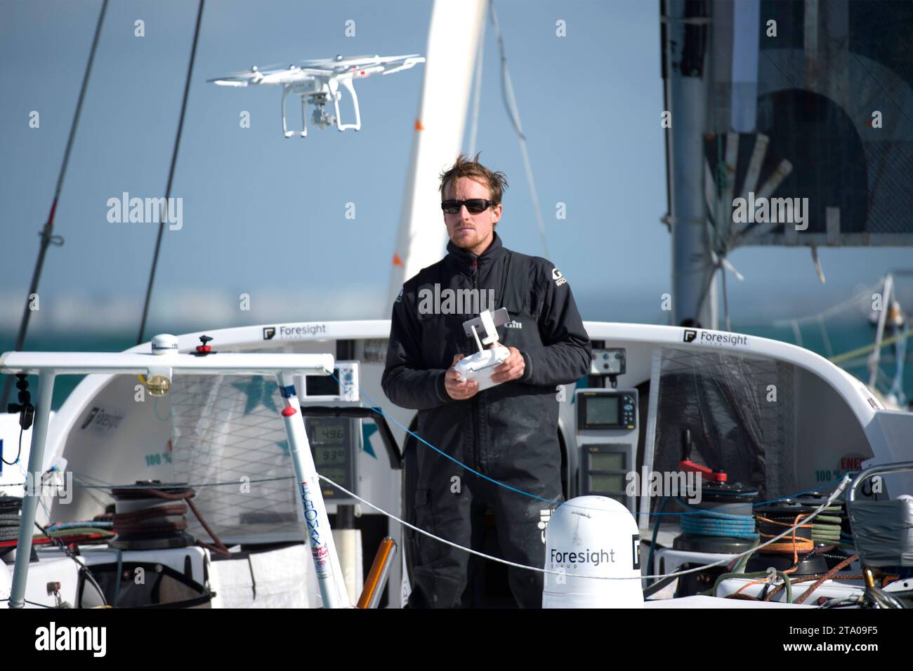 Playing with his drone during Finish arrival of Conrad Colman (NZL), skipper Foresight Natural Energy,16th of the sailing circumnavigation solo race Vendee Globe, in Les Sables d'Olonne, France, on February 24th, 2017 - Photo Olivier Blanchet / DPPI Stock Photo
