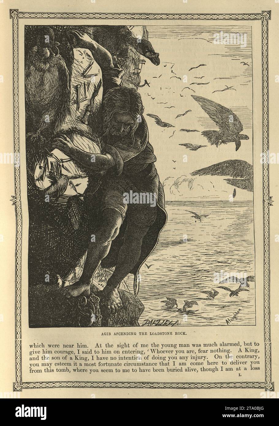 Vintage illustration One Thousand and One Nights, Agib ascending the Loadstone Rock, Arabian, Middle Eastern folktales, by The Brothers Dalziel. The Story of the Third Calender Stock Photo