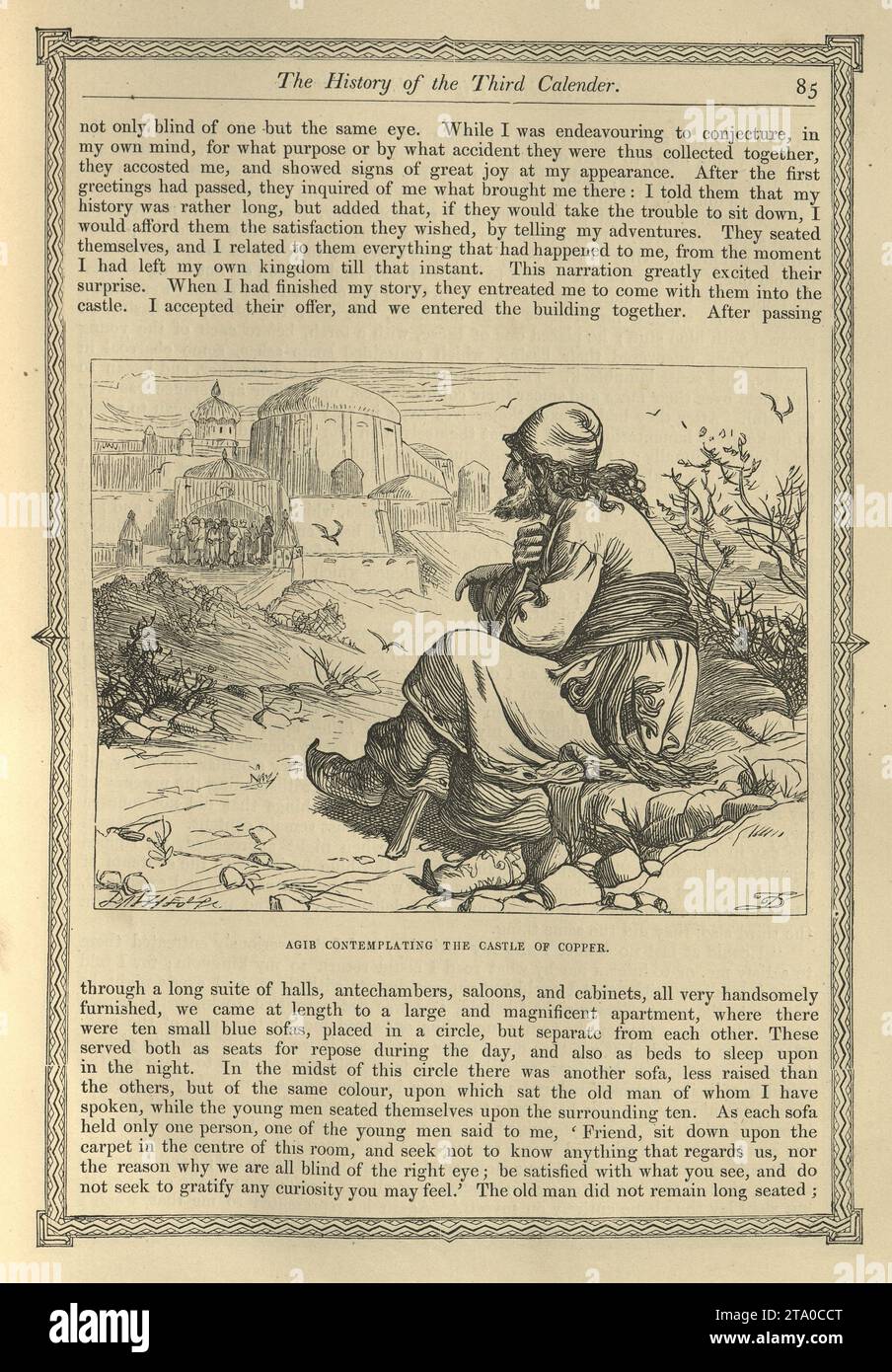 Vintage illustration One Thousand and One Nights, Agib contemplating the Castle of Copper, Arabian, Middle Eastern folktales, by The Brothers Dalziel. The Story of the Third Calender Stock Photo