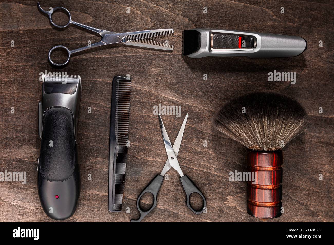 A closeup top view og male hair grooming equipment Stock Photo