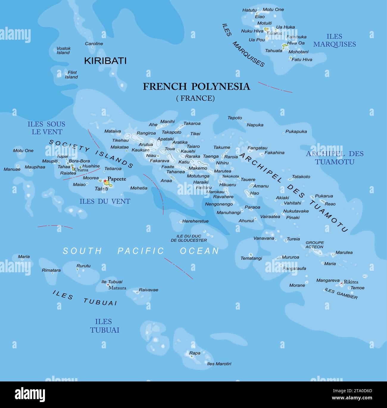 Highly detailed physical map of French Polynesia in vector format,with all the relief forms,regions and big cities. Stock Vector