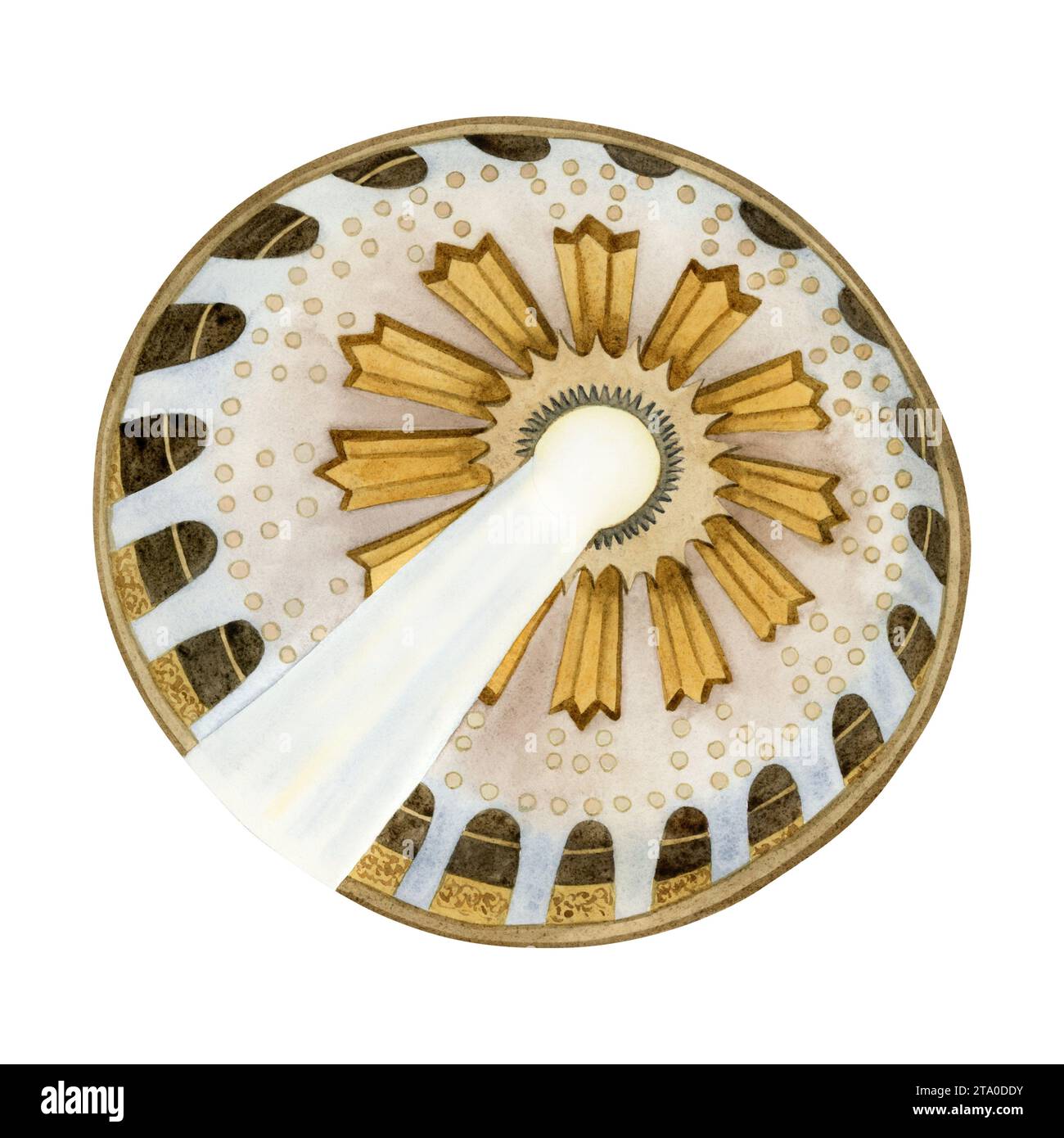 Dome of the Holy Sepulchre with sunbeam watercolor illustration. Round rotunda of Coptic chapel church of Resurrection Stock Photo