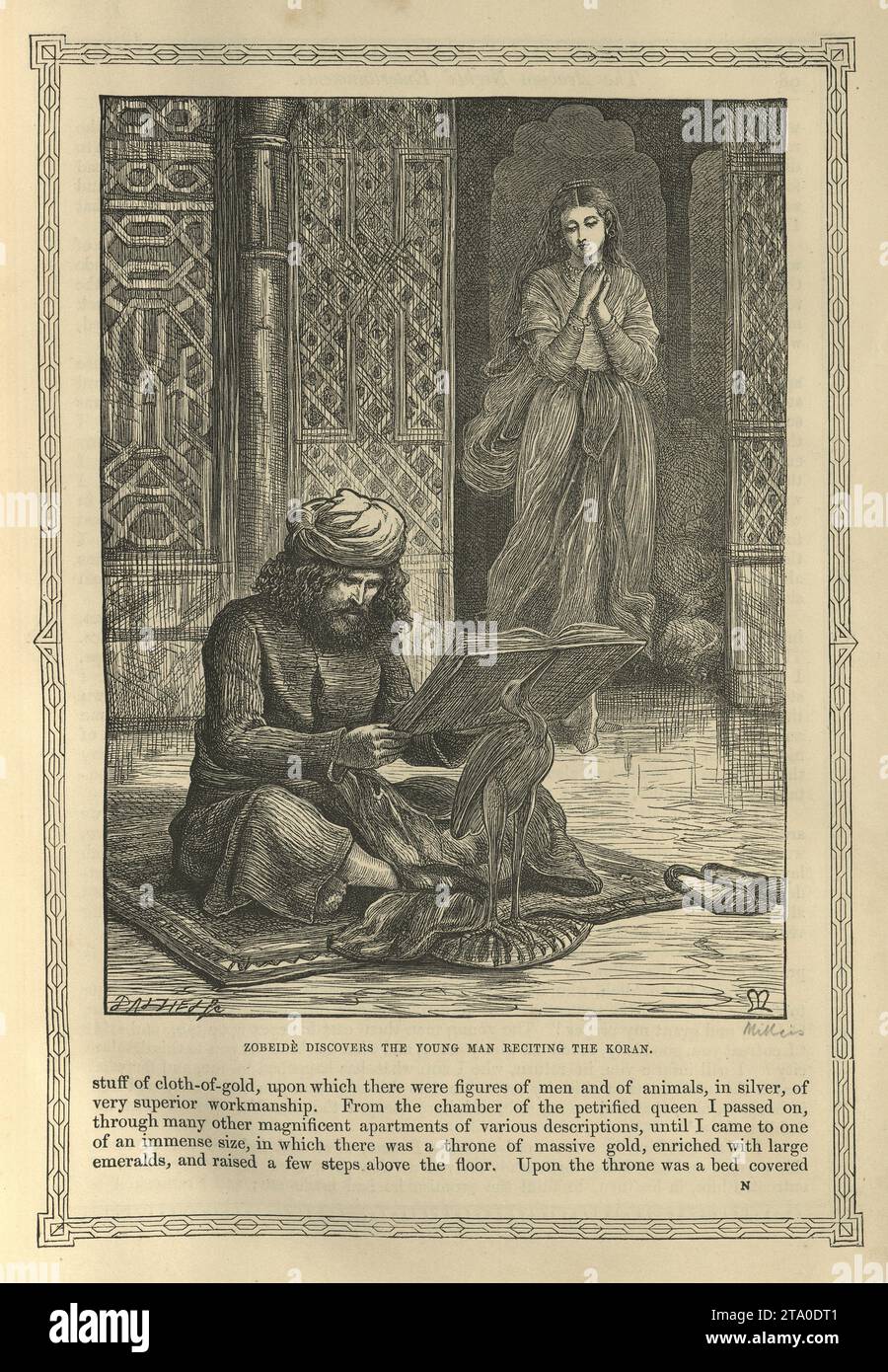 Vintage illustration One Thousand and One Nights, Zobeide discovers the Young man reciting the Koran, Arabian, Middle Eastern folktales, by The Brothers Dalziel Stock Photo