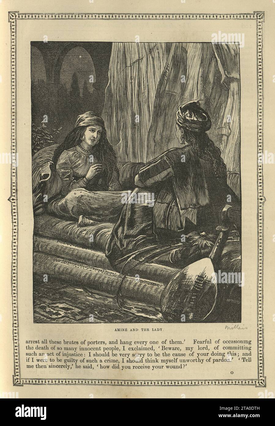 Vintage illustration One Thousand and One Nights, Amine and the Lady, Arabian, Middle Eastern folktales, by The Brothers Dalziel. Stock Photo