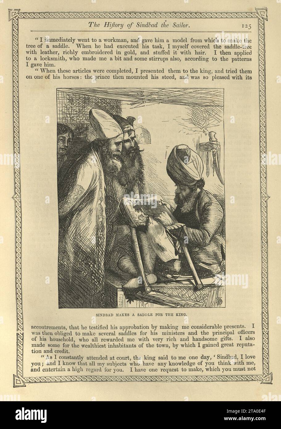 Vintage illustration One Thousand and One Nights, Sinbad the Sailor makes a saddle for the king, Arabian, Middle Eastern folktales, by The Brothers Dalziel. Stock Photo