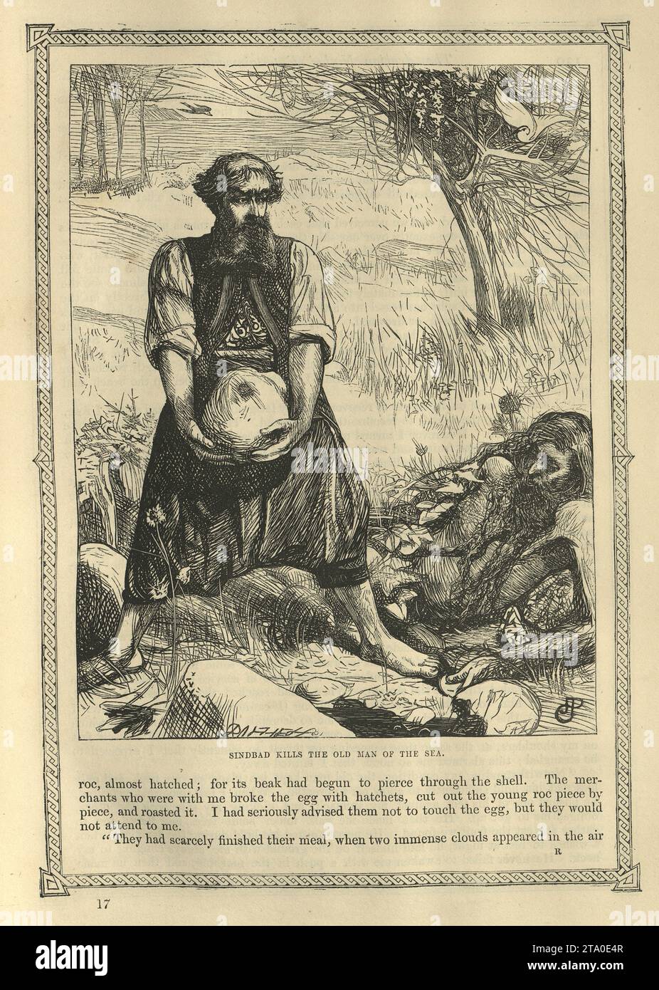 Vintage illustration One Thousand and One Nights, Sinbad the Sailor kills the old man of the sea, Arabian, Middle Eastern folktales, by The Brothers Dalziel. Stock Photo