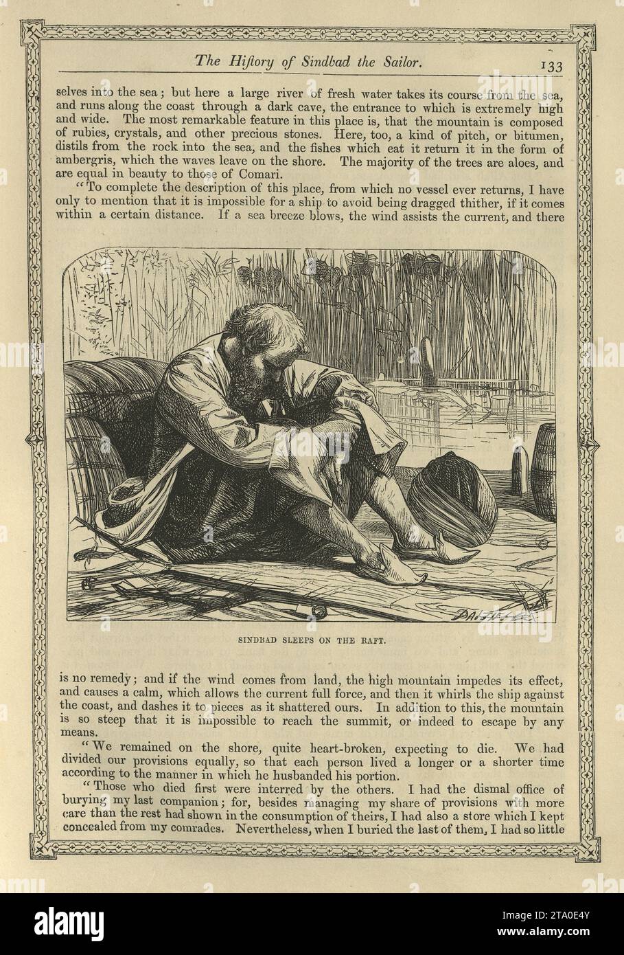 Vintage illustration One Thousand and One Nights, Sinbad the Sailor sleeps on the raft, Arabian, Middle Eastern folktales, by The Brothers Dalziel. Stock Photo