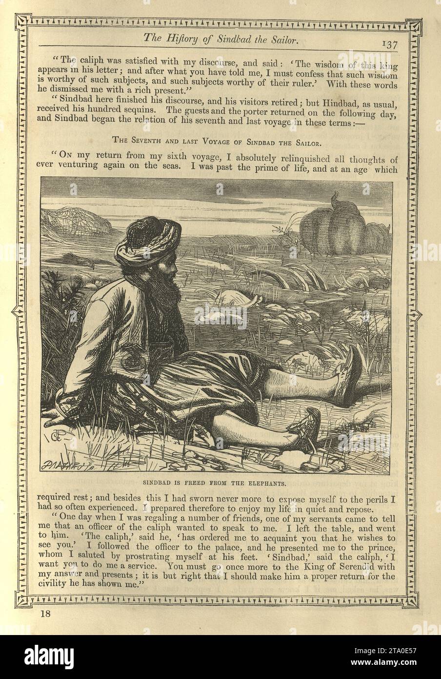 Vintage illustration One Thousand and One Nights, Sinbad the Sailor is freed from the elephants, Arabian, Middle Eastern folktales, by The Brothers Dalziel. Stock Photo