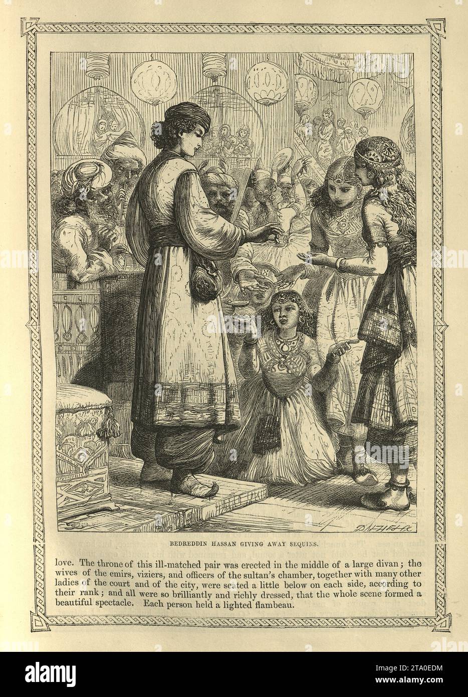 Vintage illustration One Thousand and One Nights, Bedreddin Hassan giving awat sequins, Arabian, Middle Eastern folktales, by The Brothers Dalziel. History of Noureddin Ali and Bedreddin Hassan Stock Photo