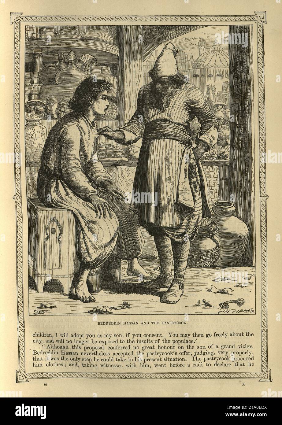 Vintage illustration One Thousand and One Nights, Bedreddin Hassan and the pastrycook, Arabian, Middle Eastern folktales, by The Brothers Dalziel. History of Noureddin Ali and Bedreddin Hassan Stock Photo