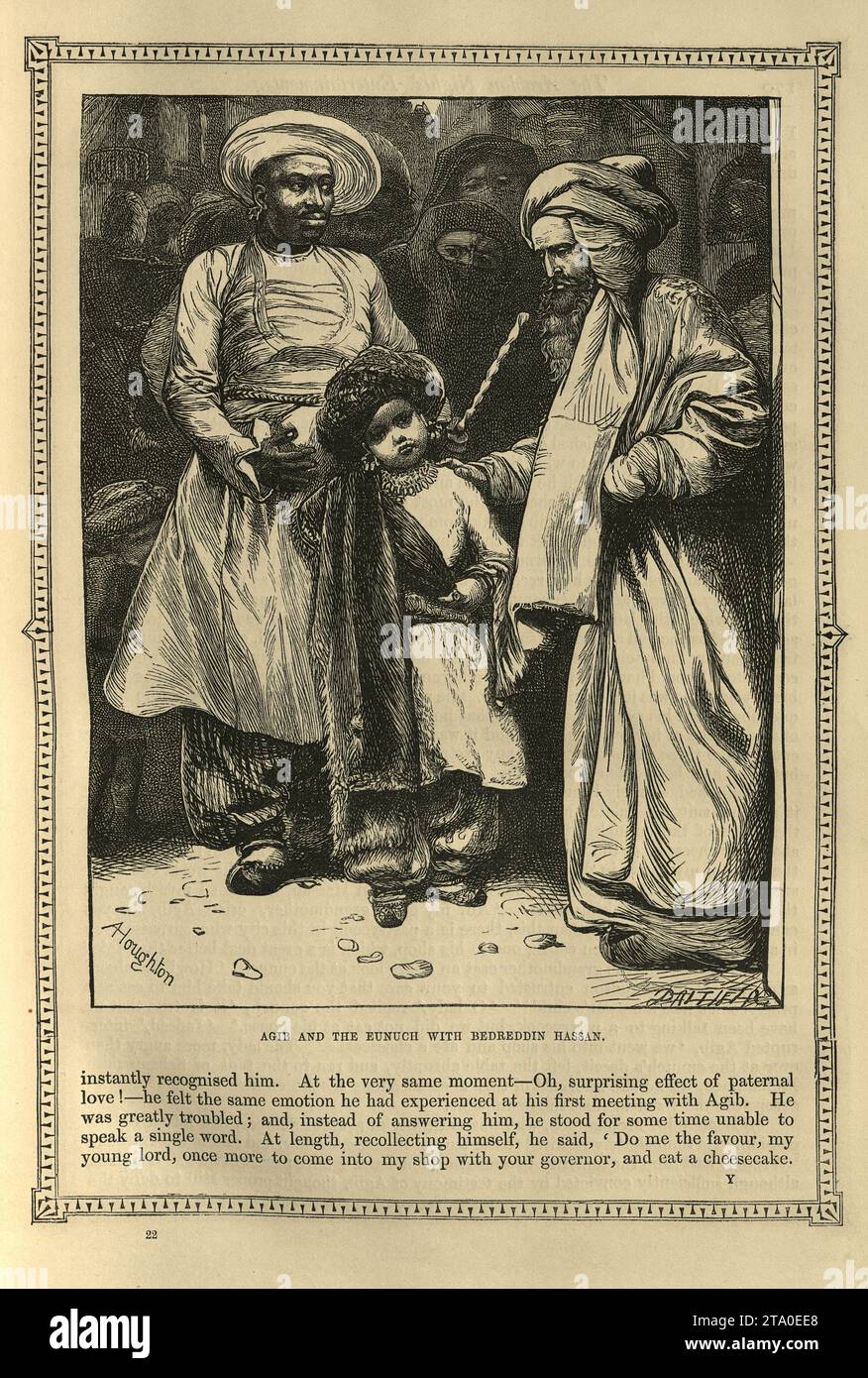 Vintage illustration One Thousand and One Nights, Agib and the eunuch with Bedreddin Hassan, Arabian, Middle Eastern folktales, by The Brothers Dalziel. History of Noureddin Ali and Bedreddin Hassan Stock Photo