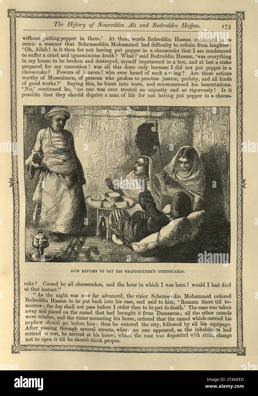 Vintage illustration One Thousand and One Nights, Agib refuses to eat his grandmother's cheesecake, Arabian, Middle Eastern folktales, by The Brothers Dalziel. History of Noureddin Ali and Bedreddin Hassan Stock Photo