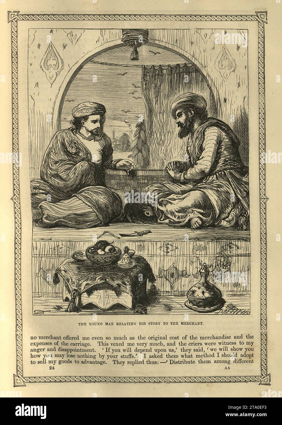 Vintage illustration One Thousand and One Nights, Young man relating his tory to the merchant, Arabian, Middle Eastern folktales, by The Brothers Dalziel. The story told by the Christian merchant Stock Photo