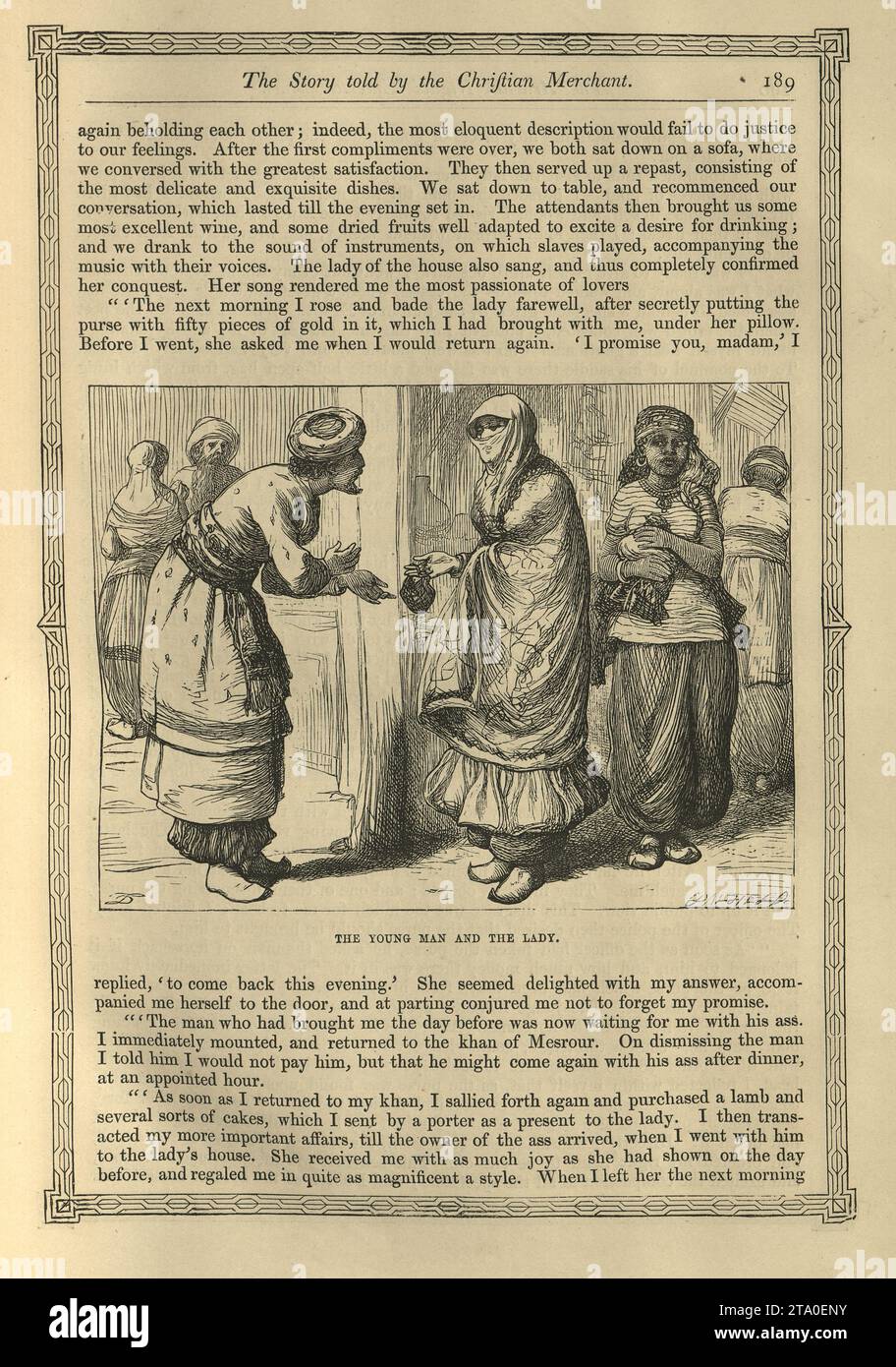 Vintage illustration One Thousand and One Nights, Young man and the lady, Arabian, Middle Eastern folktales, by The Brothers Dalziel. The story told by the Christian merchant Stock Photo