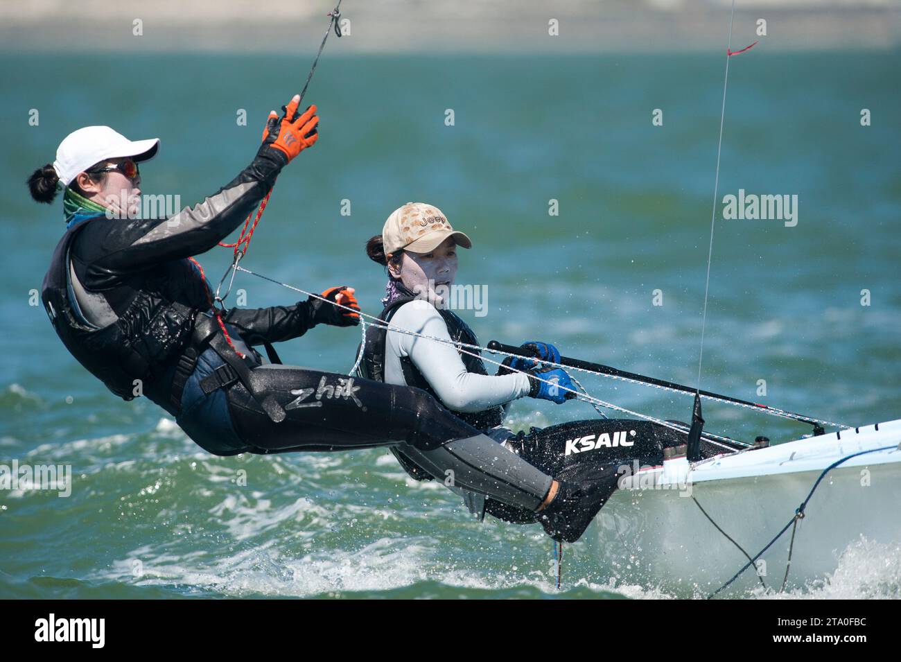 Sailing - 470 World Championships 2013 - La Rochelle (France) - 10/08/2013 - Photo Olivier Blanchet / DPPI - Women - Xiaoli WANG / Xufeng HUANG (CHN 1221) - Bronze medal Stock Photo