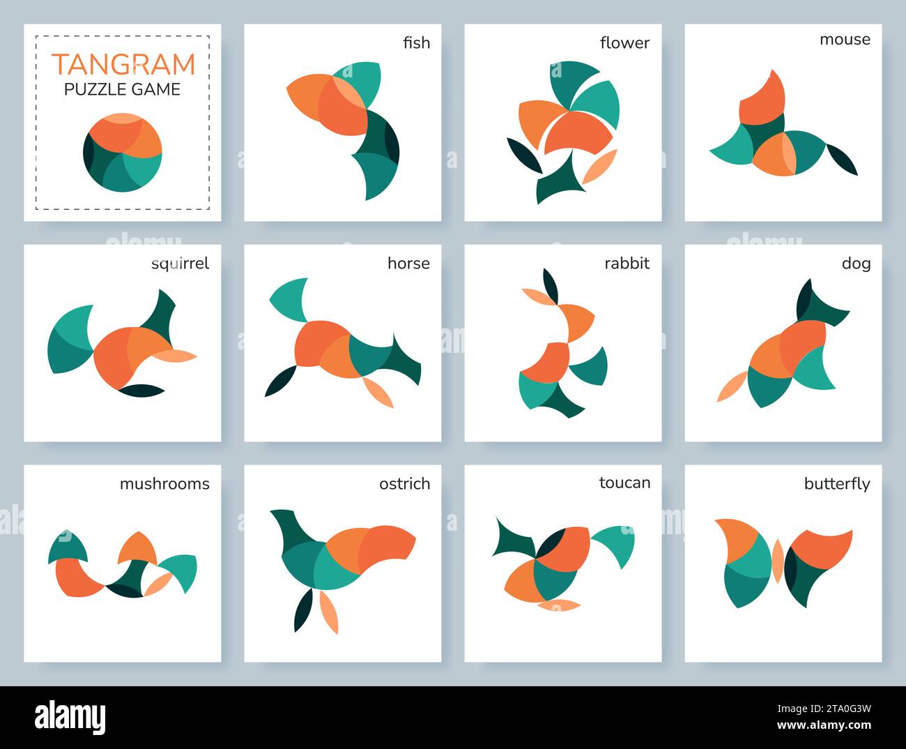 Tangram puzzle game. Vector set with various objects. Stock Vector
