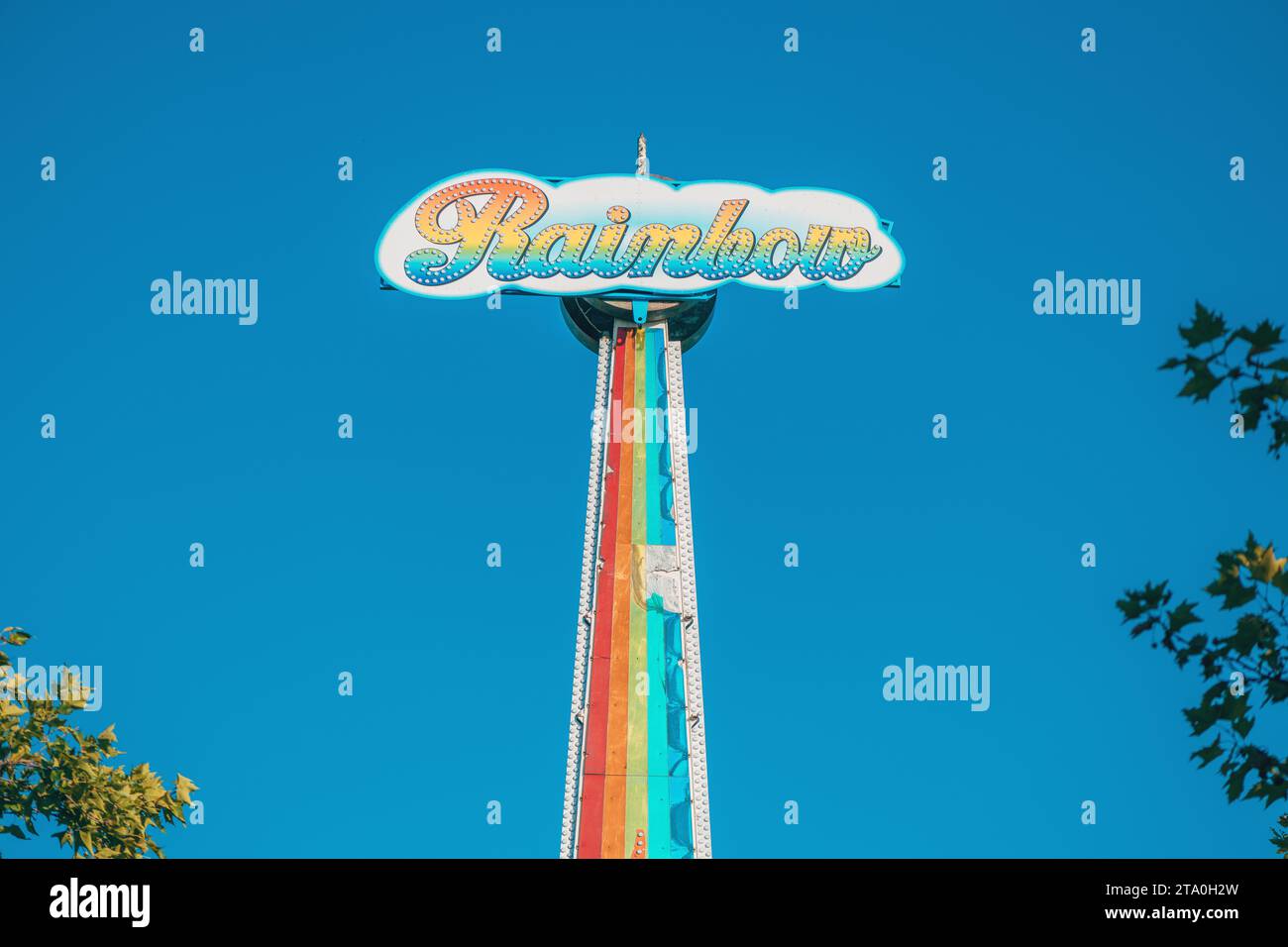 Zrenjanin, Serbia August 11, 2023 Rainbow swing ride equipment at