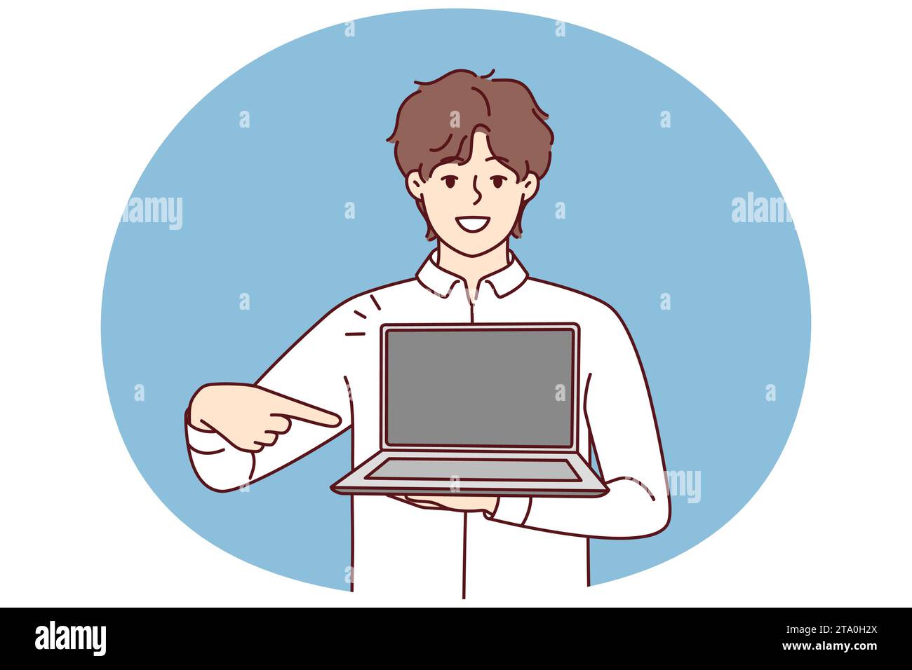 Smiling young man point at modern laptop with mockup screen. Happy male ...