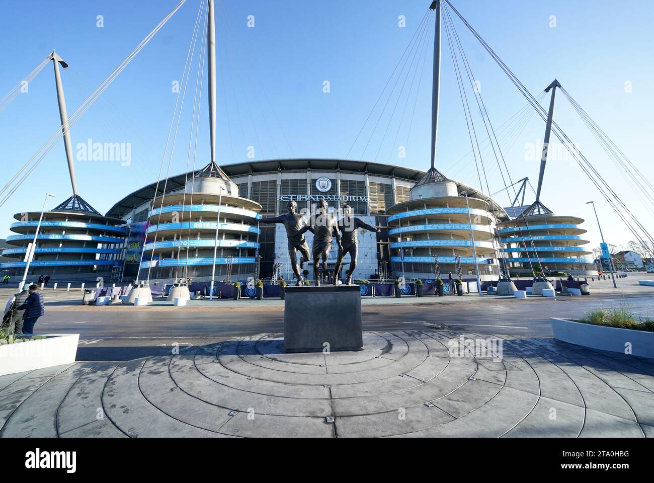 The new sculpture outside the Etihad Stadium of former Manchester City players, from left, Colin