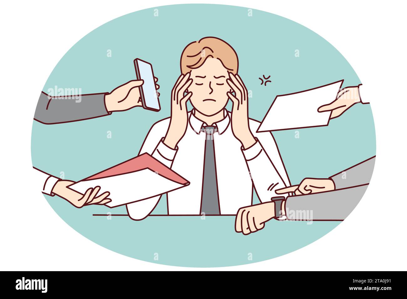 Annoyed businessman stressed with multiple hands giving papers and phones. Bothered male employee distressed with workload. Overwork. Vector illustration. Stock Vector