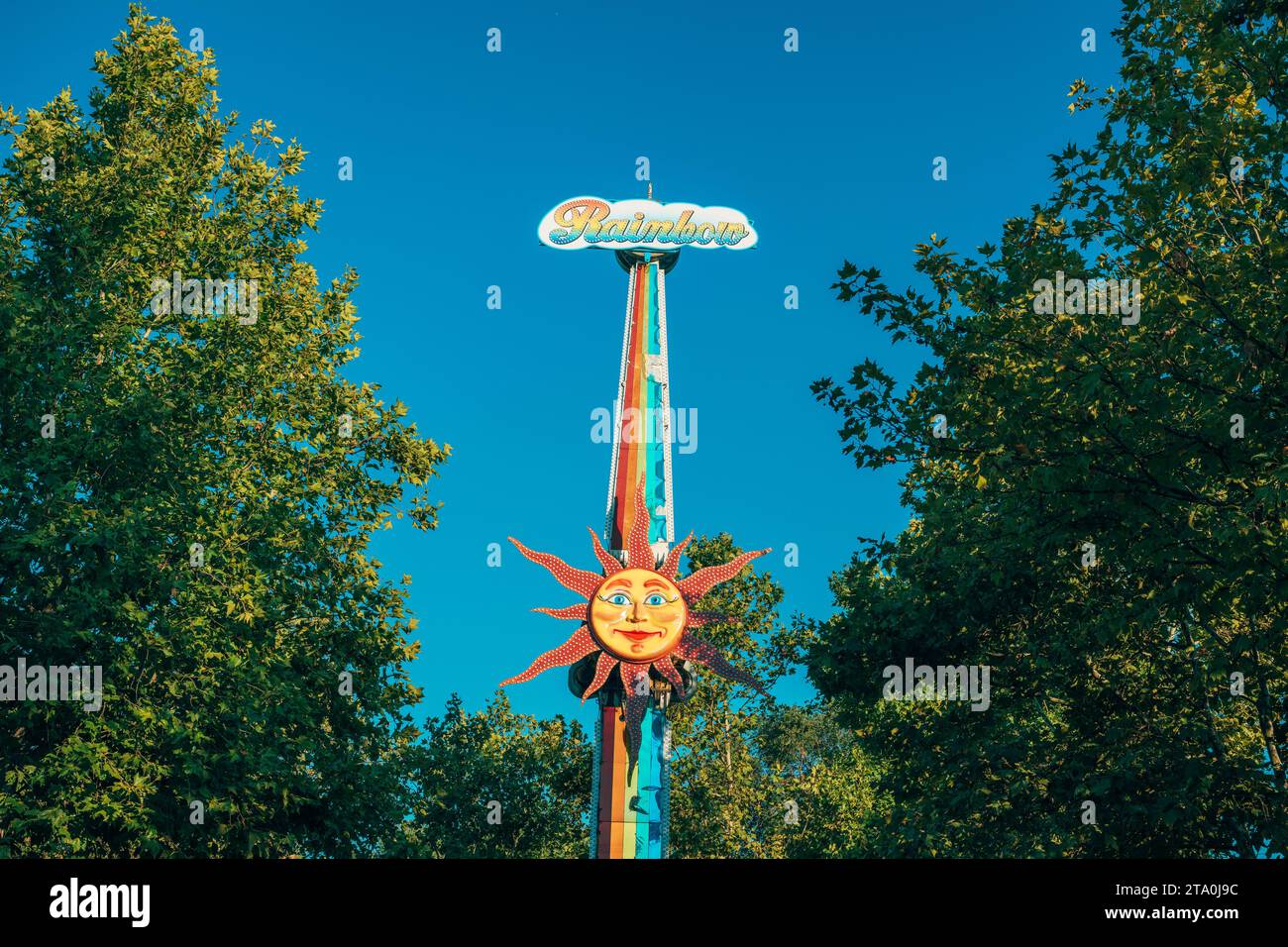 Zrenjanin, Serbia August 11, 2023 Rainbow swing ride equipment at