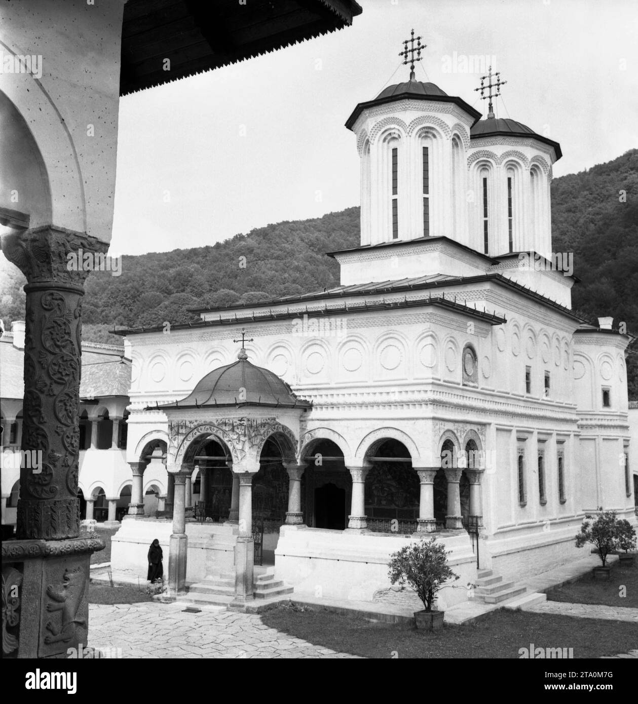 Valcea County, Romania. approx. 1980. Exterior view of Saints Constantine and Helena church at Horezu Monastery, a historical monument from the 17th century and inscribed by UNESCO on its list of World Heritage Sites. Stock Photo
