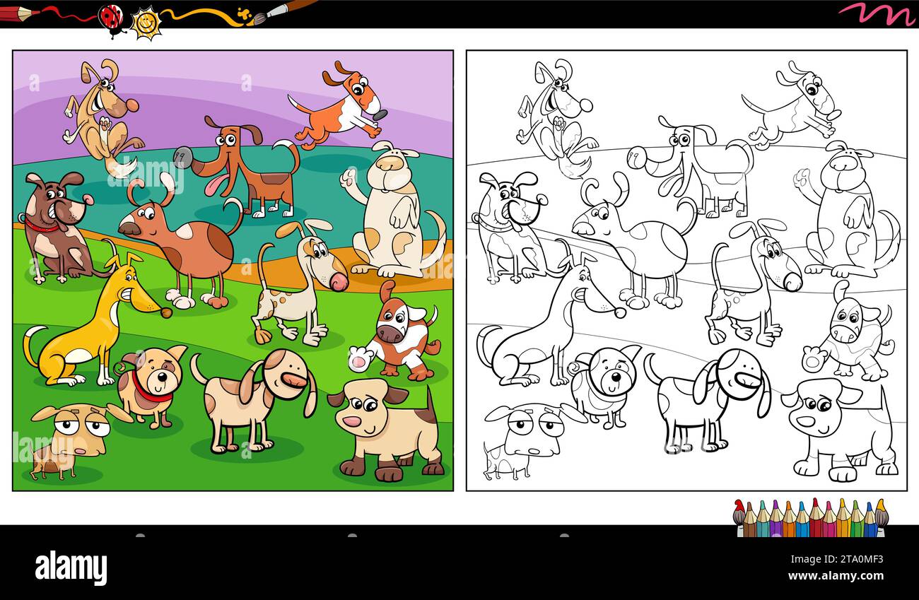 cartoon illustration of funny dogs animal characters group coloring ...
