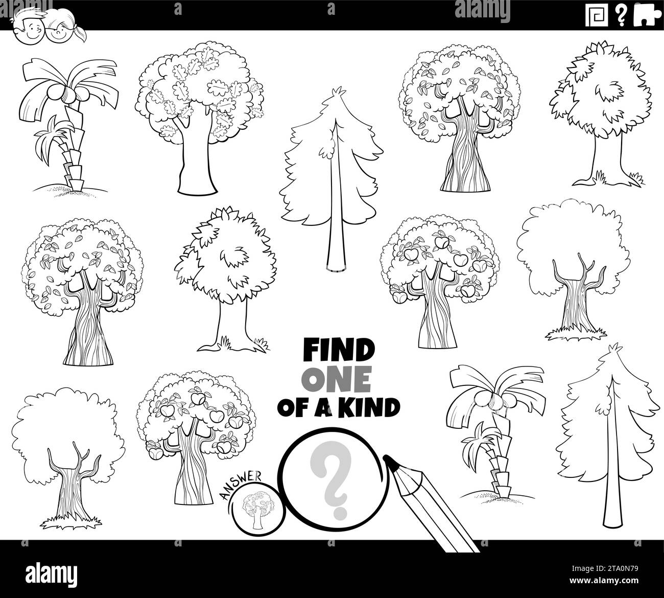 Cartoon illustration of find one of a kind picture educational activity with trees coloring page Stock Vector