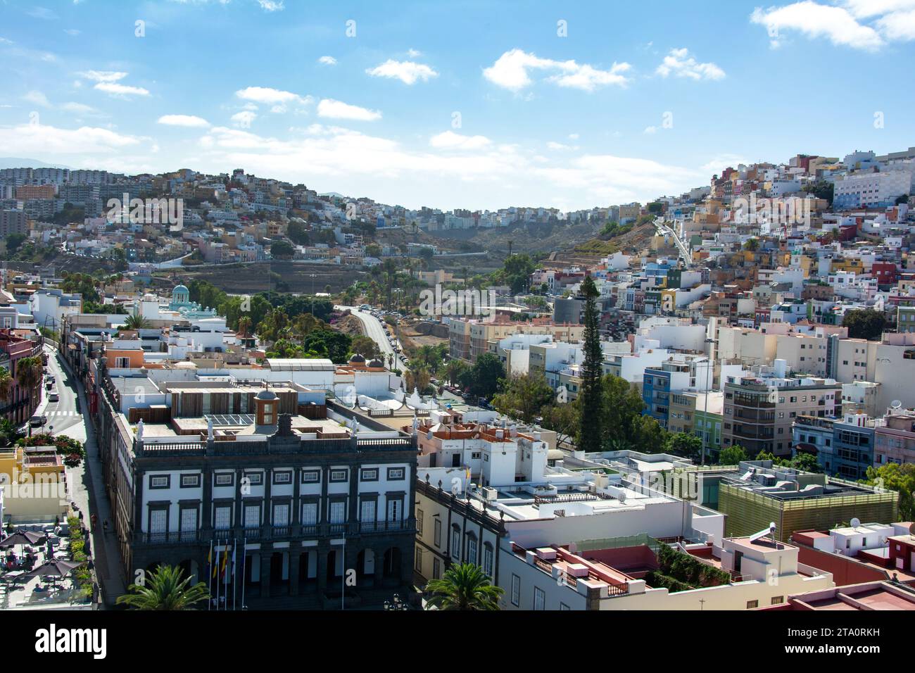 Panoramic top view of the capital Las Palmas Gran Canaria in Spain with blue sky Stock Photo