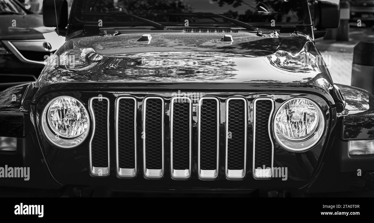 Detail of an offroad vehicle. Front view of 4x4 offroad car